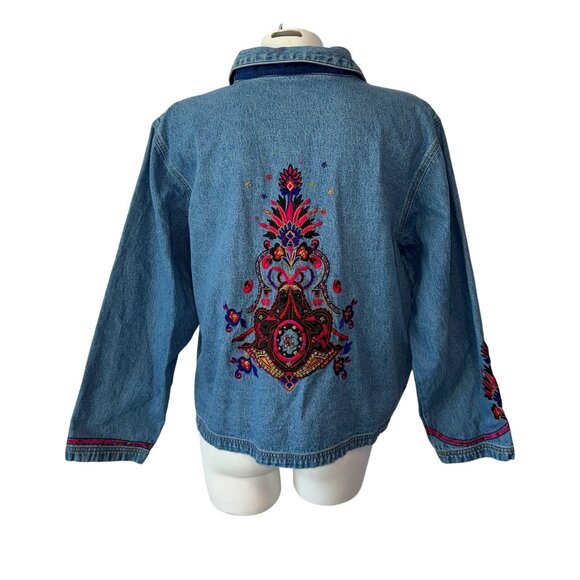 Vtg Y2k Chico's Design Embroidered Back Floral Beaded Denim Jacket Size 2 Large - Picture 1 of 6